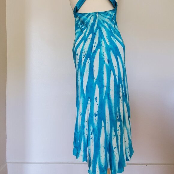 NEW Silk Short midi maxi halter summer Dress painted white blue beach resort 4 6 - Picture 6 of 12